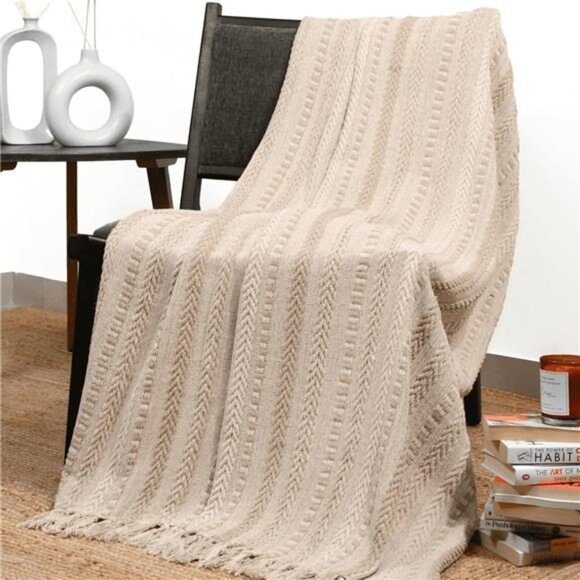 Farmhouse Throw Blanket Boho Living Room Decor Brown Cotton Stripe Cozy